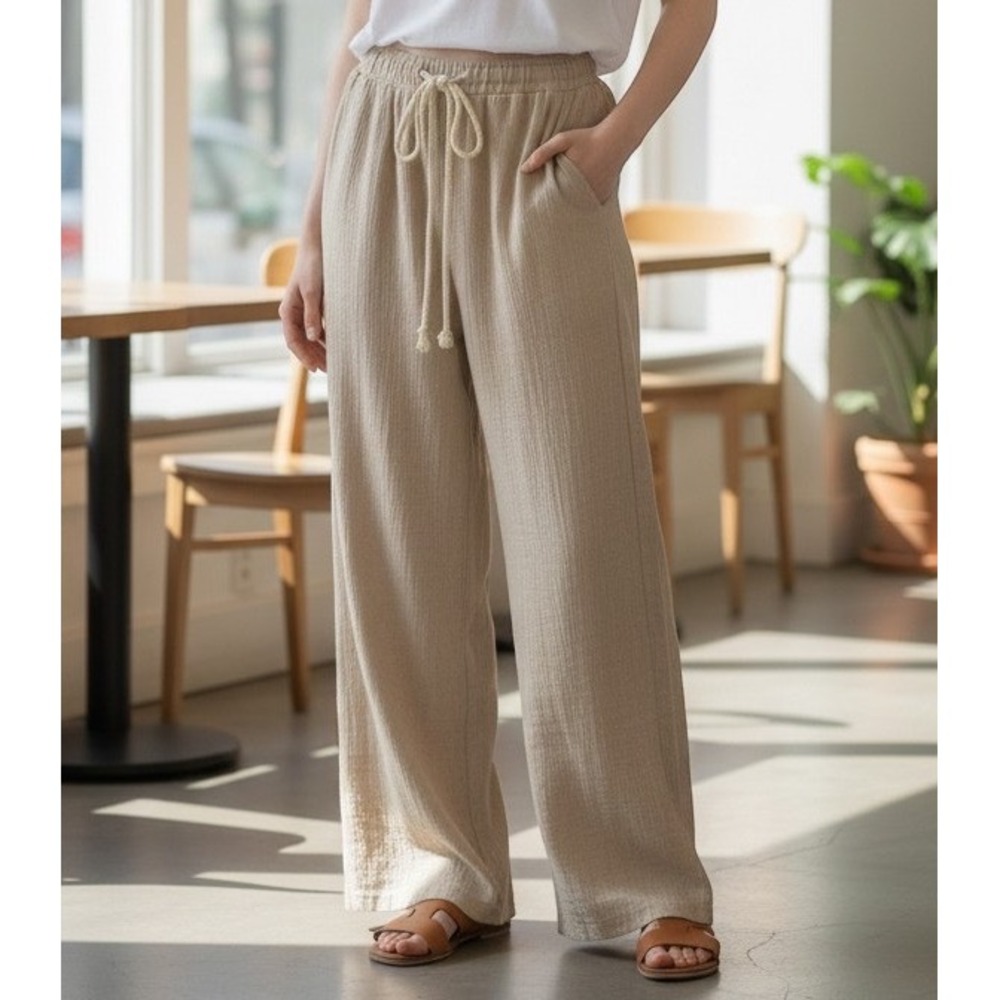 LuLuLu Textured Gauze Pants Women XL Beige Elastic Drawstring Relaxed Boho Pant
